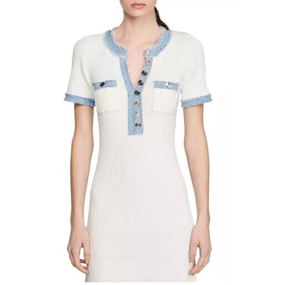SANDRO Alecia White Blue Ribbed Raw Denim Hem Gold Buttons Dress Size Small - Picture 3 of 11